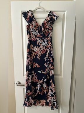 London Times Navy Floral Ruffle Wrap Maxi Dress with Pink Leaves